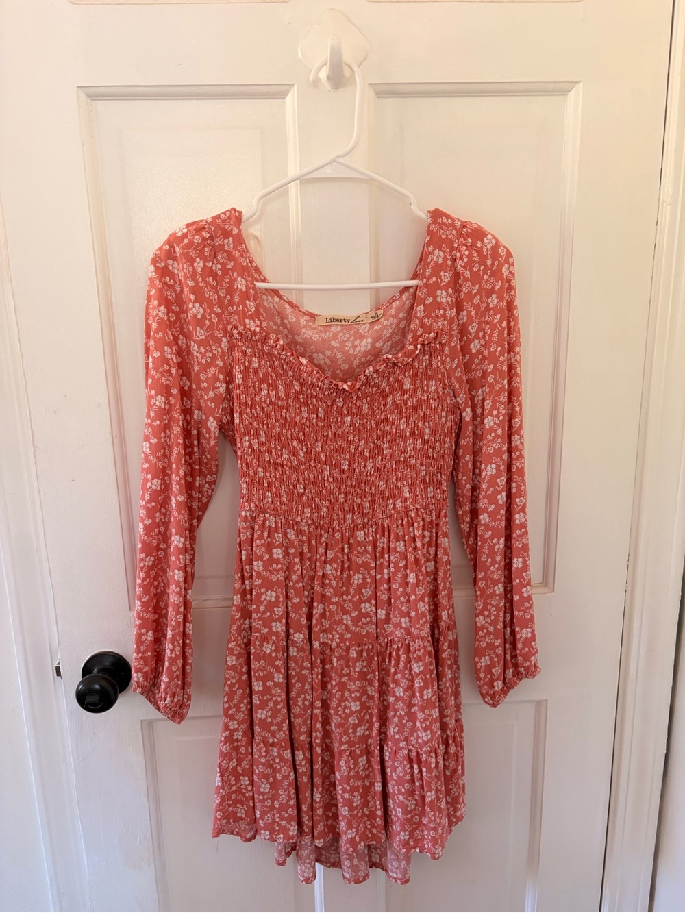 Liberty Love Coral Floral Long-Sleeve Smocked Dress